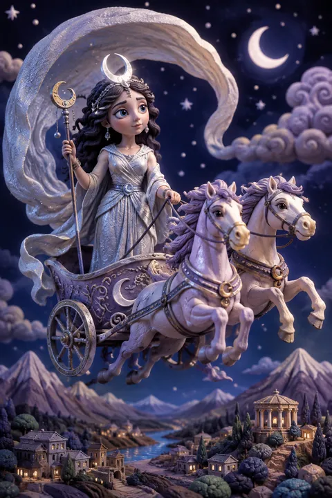 Clay miniatures interpretation of Selene with a crescent diadem and a moonlit chariot.