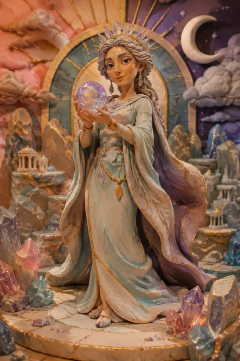 Clay miniatures interpretation of Theia with crystals, gold veins and refracted celestial light.
