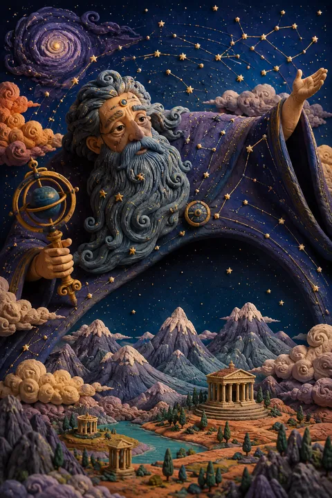 Clay miniatures interpretation of Uranus with a starry celestial dome above mountains.