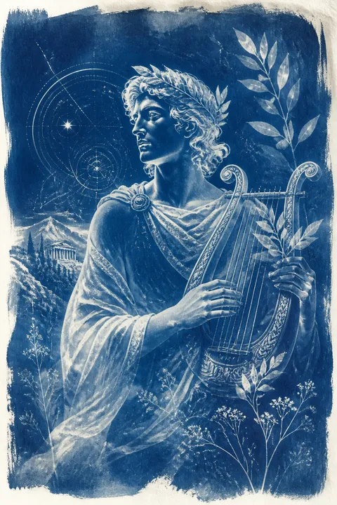Cyanotype interpretation of Apollo with a lyre, laurel leaves and a mountain sanctuary.