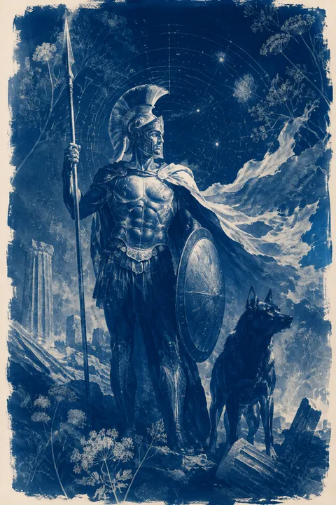 Cyanotype interpretation of Ares with a bronze helmet, spear and round shield.