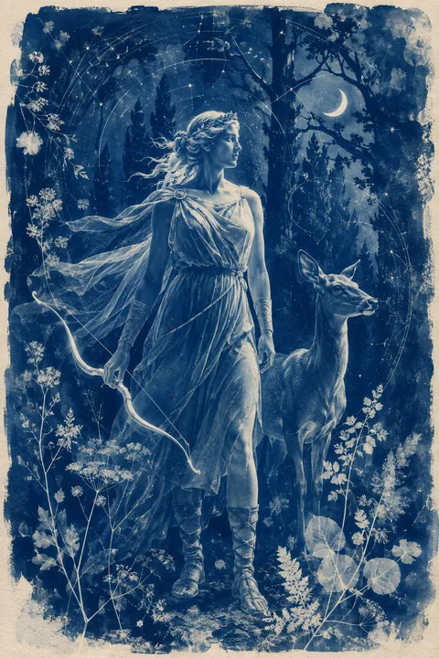 Cyanotype interpretation of Artemis with a bow, a deer and a wild cypress forest.