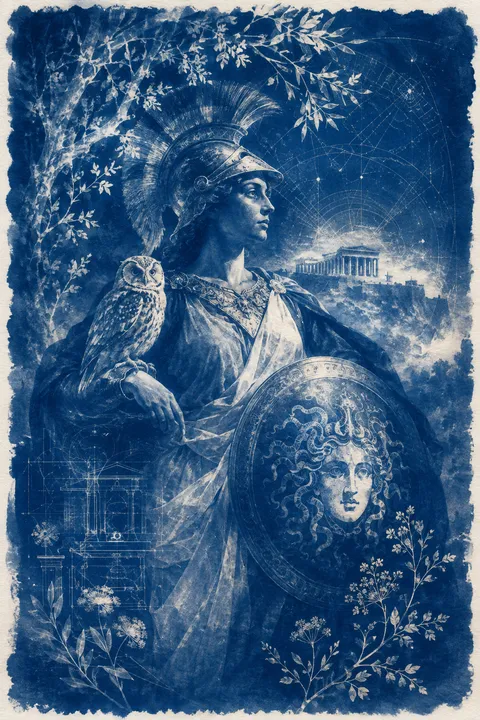 Cyanotype interpretation of Athena with an owl, a crested helmet and olive branches.