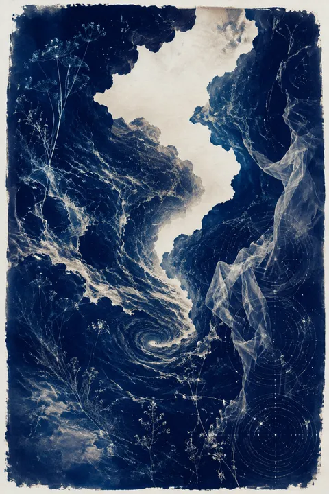 Cyanotype interpretation of Chaos with a primordial chasm and the first threads of light.