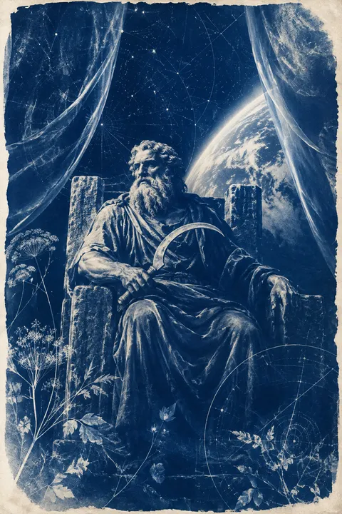 Cyanotype interpretation of Cronus with a curved sickle and a stark stone throne.