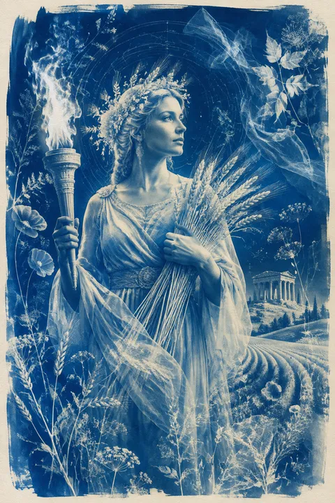 Cyanotype interpretation of Demeter with wheat, poppies and a glowing torch.