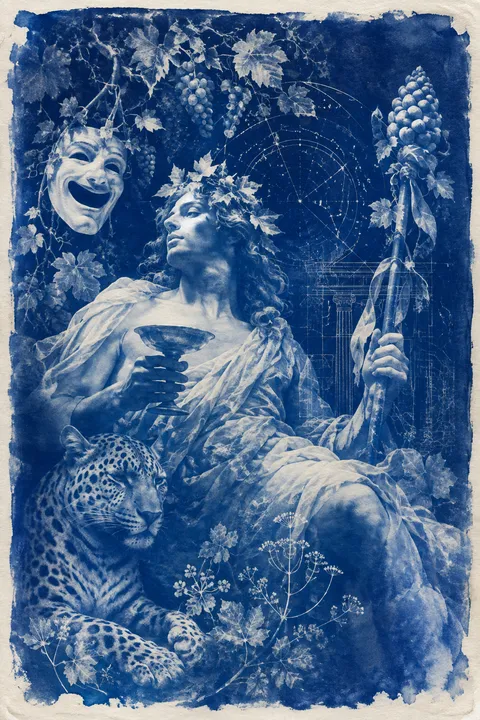 Cyanotype interpretation of Dionysus with ivy, grapes, a thyrsus and a theatre mask.
