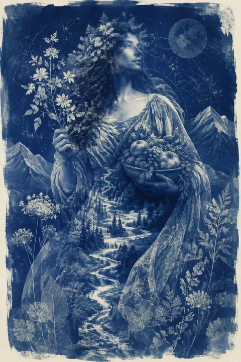 Cyanotype interpretation of Gaia with fruit, mountains and a living forest.