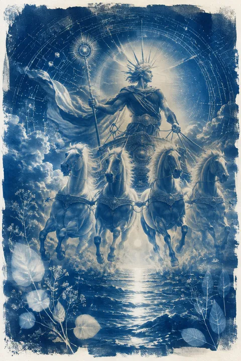 Cyanotype interpretation of Helios with a radiant crown and a four-horse sun chariot.