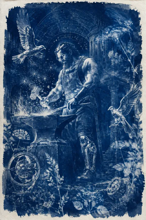 Cyanotype interpretation of Hephaestus with an anvil, a hammer and intricate bronze inventions.