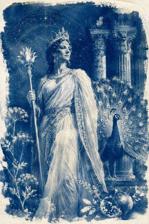 Cyanotype interpretation of Hera with a peacock, a crown and a royal scepter.