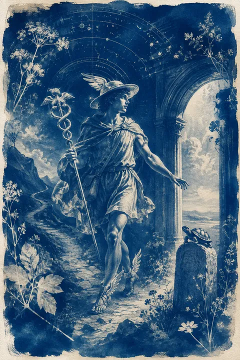 Cyanotype interpretation of Hermes with winged sandals, a herald’s staff and a tortoise.