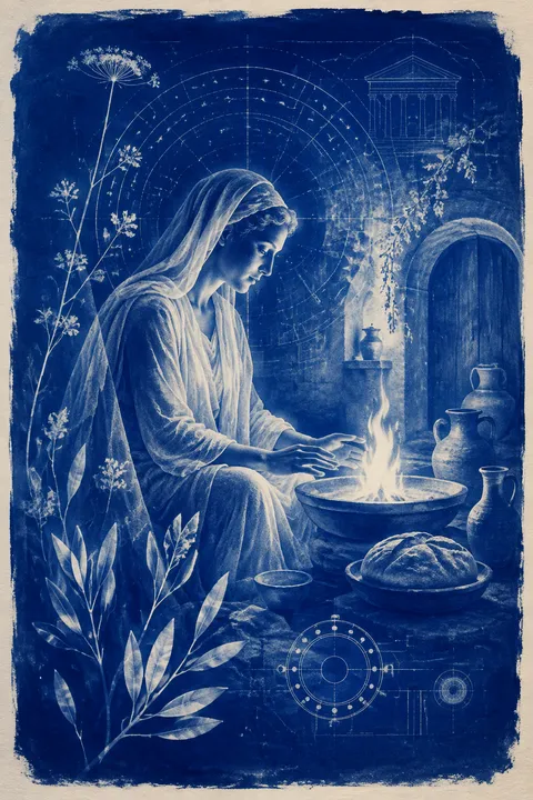 Cyanotype interpretation of Hestia with a steady hearth flame, bread and terracotta vessels.