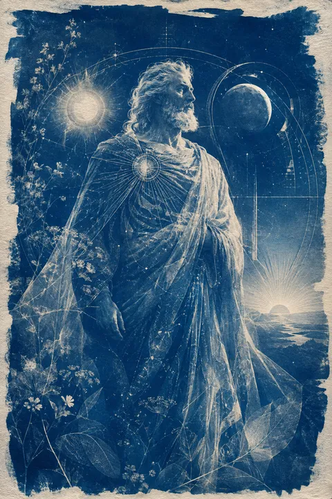 Cyanotype interpretation of Hyperion with three celestial lights and a vast dawn horizon.