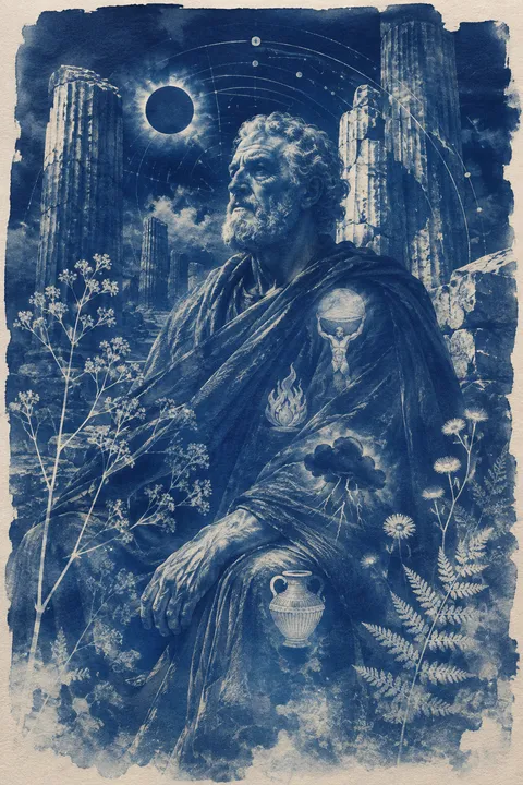 Cyanotype interpretation of Iapetus with colossal stone columns and symbols of his Titan family.