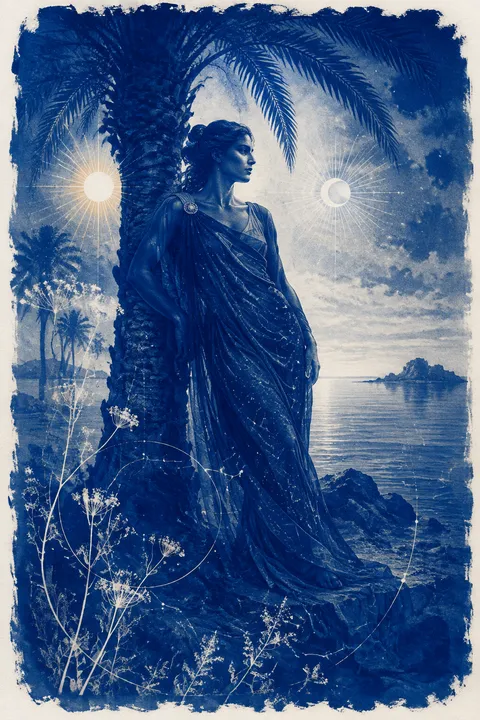 Cyanotype interpretation of Leto with a palm tree, an island refuge and twin lights.