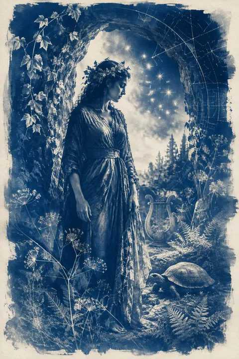 Cyanotype interpretation of Maia with an Arcadian cave, a tortoise and distant stars.