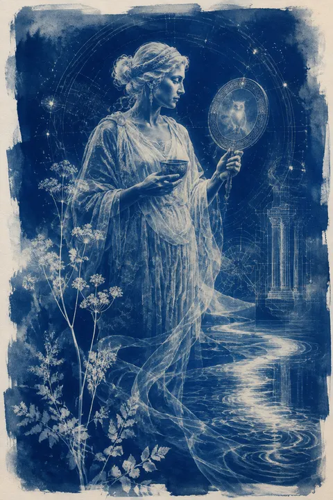 Cyanotype interpretation of Metis with a medicinal cup, a mirror and winding water.