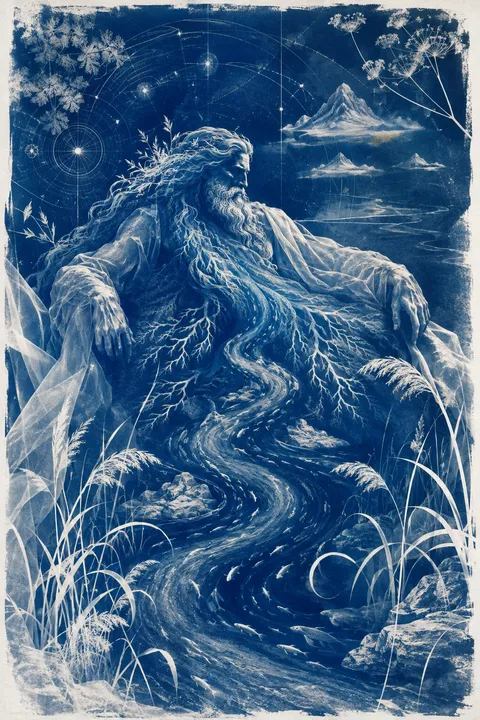 Cyanotype interpretation of Oceanus with an encircling river, reeds and silver fish.