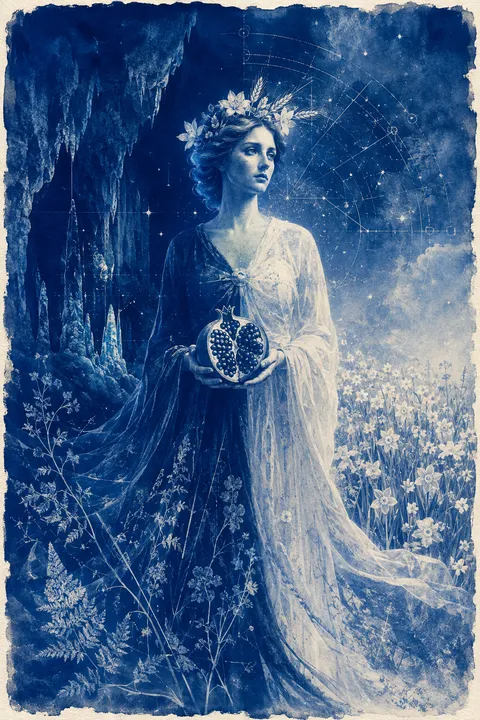 Cyanotype interpretation of Persephone with a pomegranate and spring flowers beside a cavern.