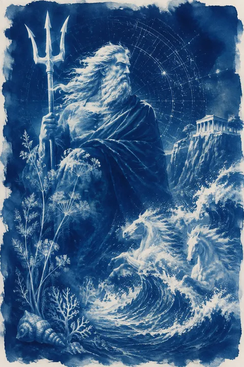 Cyanotype interpretation of Poseidon with a trident, breaking waves and sea-foam horses.