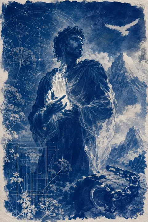 Cyanotype interpretation of Prometheus with a fennel stalk carrying fire and a mountain chain.