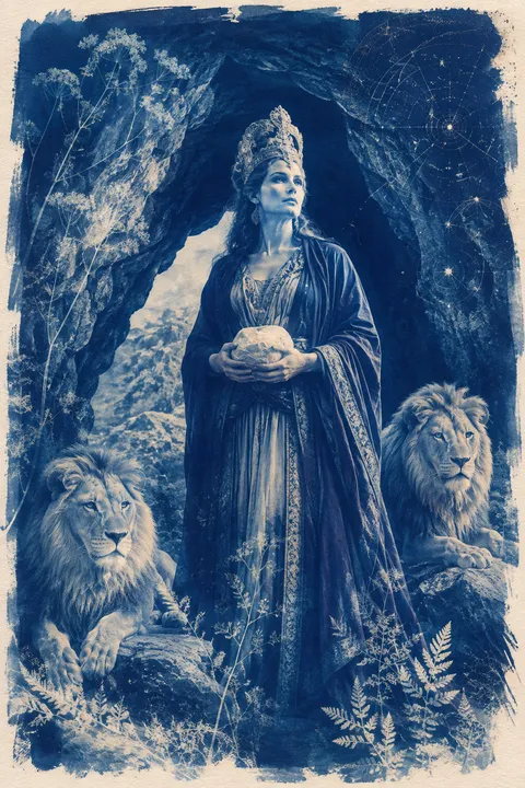 Cyanotype interpretation of Rhea with lions, a mountain cave and a wrapped stone.