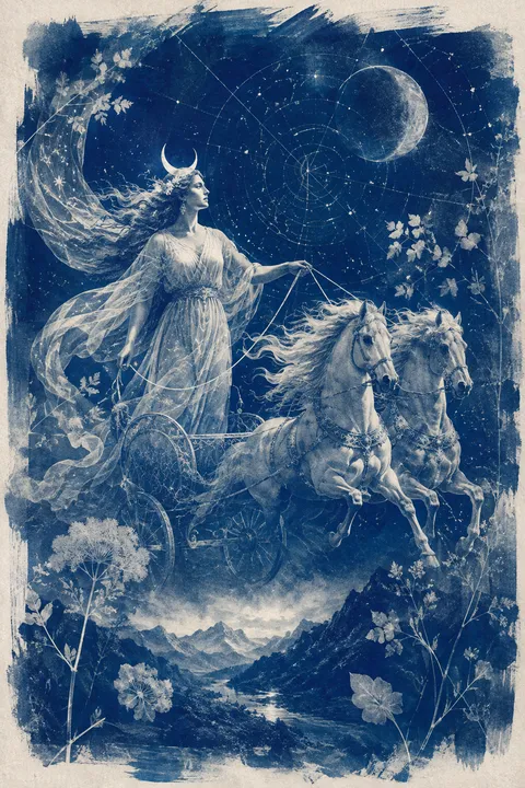 Cyanotype interpretation of Selene with a crescent diadem and a moonlit chariot.
