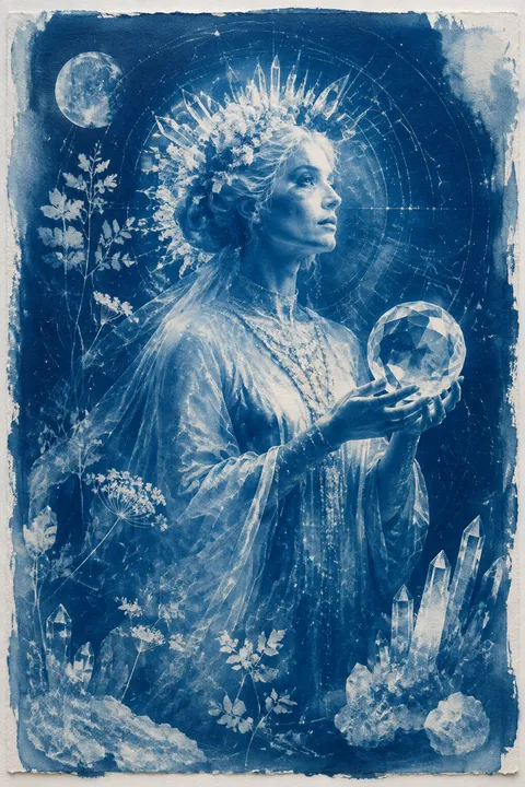 Cyanotype interpretation of Theia with crystals, gold veins and refracted celestial light.