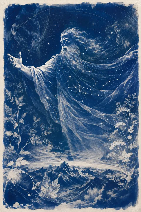 Cyanotype interpretation of Uranus with a starry celestial dome above mountains.