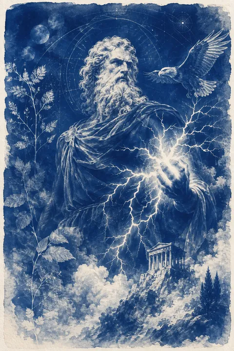 Cyanotype interpretation of Zeus with an eagle and branching lightning.