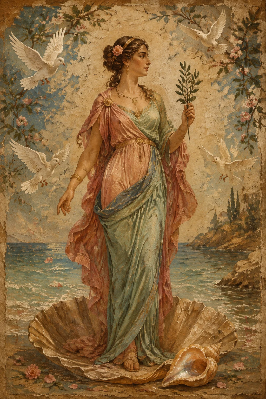 Ancient fresco interpretation of Aphrodite with myrtle, doves and an opalescent shore.