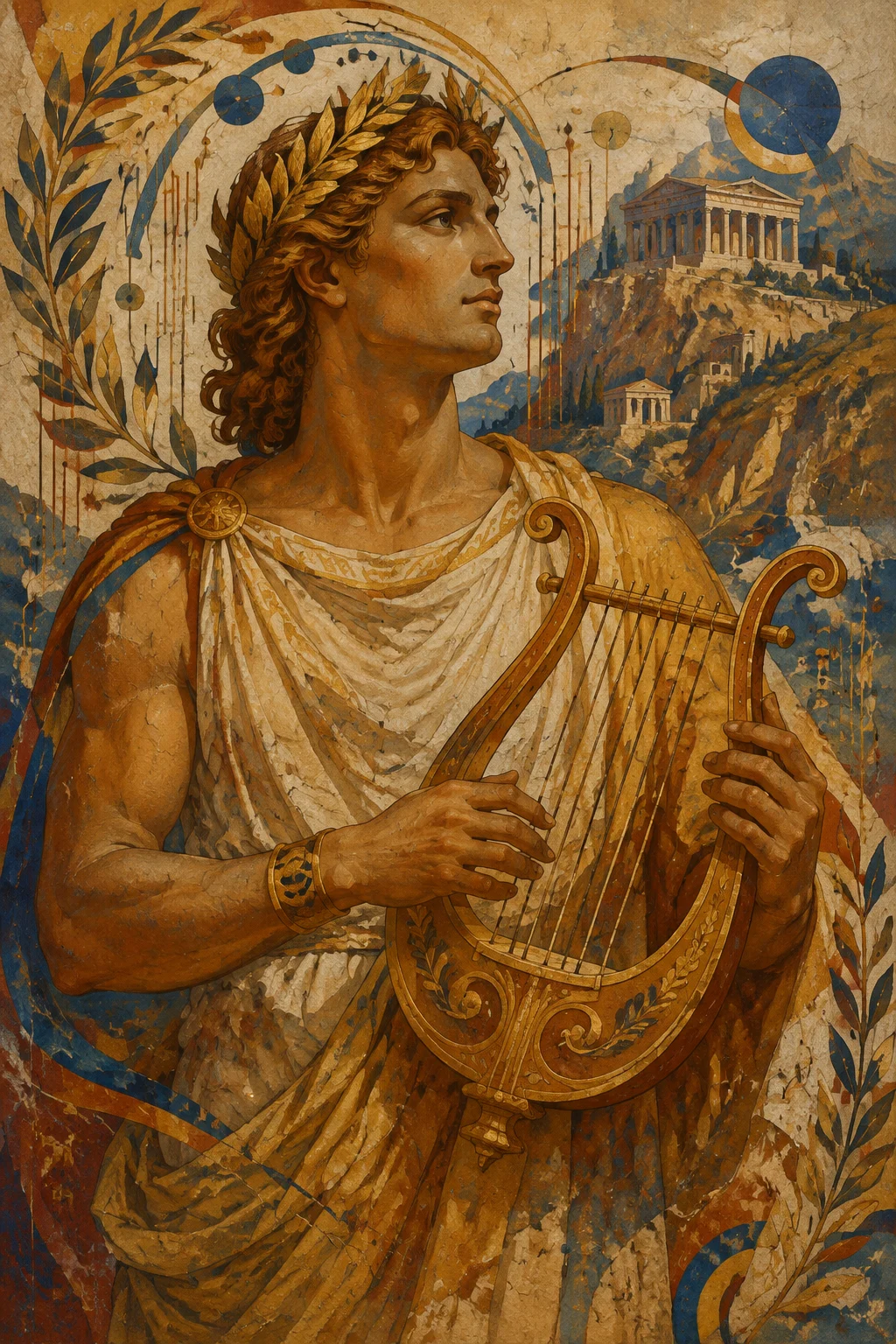 Ancient fresco interpretation of Apollo with a lyre, laurel leaves and a mountain sanctuary.