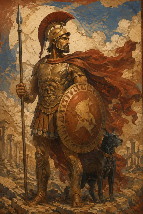 Ancient fresco interpretation of Ares with a bronze helmet, spear and round shield.