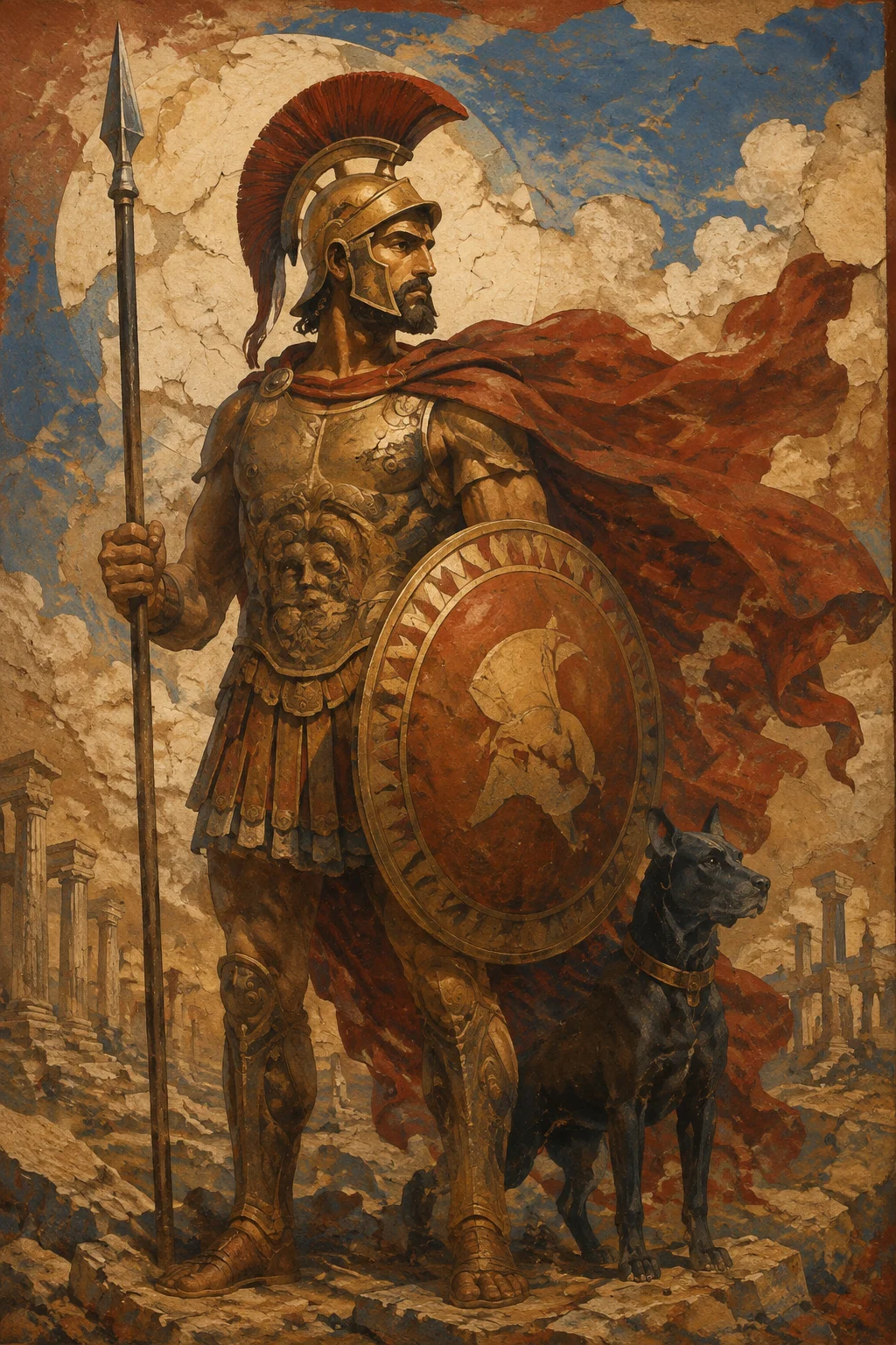 Ancient fresco interpretation of Ares with a bronze helmet, spear and round shield.
