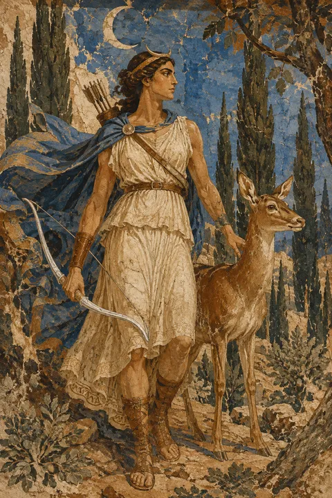 Ancient fresco interpretation of Artemis with a bow, a deer and a wild cypress forest.