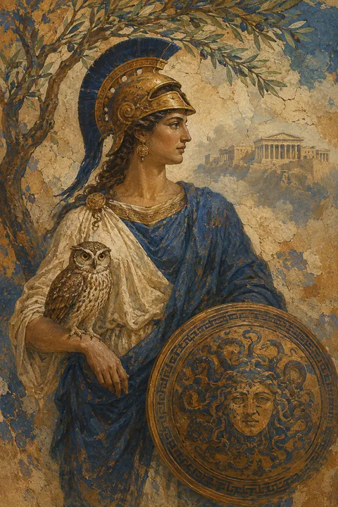 Ancient fresco interpretation of Athena with an owl, a crested helmet and olive branches.