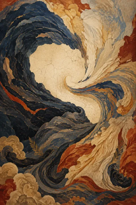 Ancient fresco interpretation of Chaos with a primordial chasm and the first threads of light.