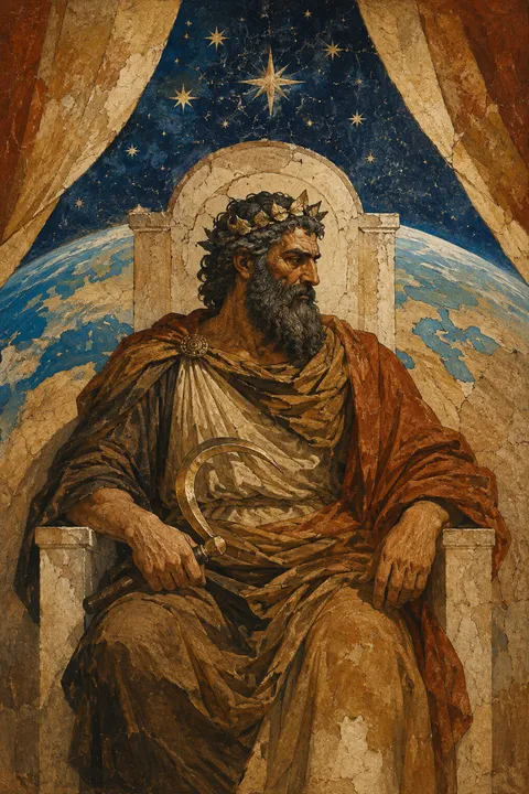 Ancient fresco interpretation of Cronus with a curved sickle and a stark stone throne.