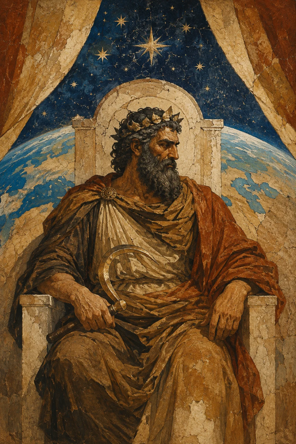Ancient fresco interpretation of Cronus with a curved sickle and a stark stone throne.