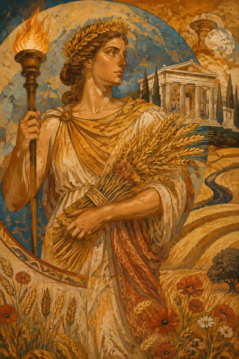 Ancient fresco interpretation of Demeter with wheat, poppies and a glowing torch.