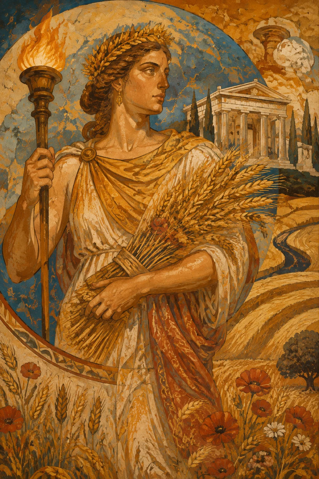 Ancient fresco interpretation of Demeter with wheat, poppies and a glowing torch.