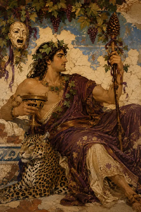 Ancient fresco interpretation of Dionysus with ivy, grapes, a thyrsus and a theatre mask.