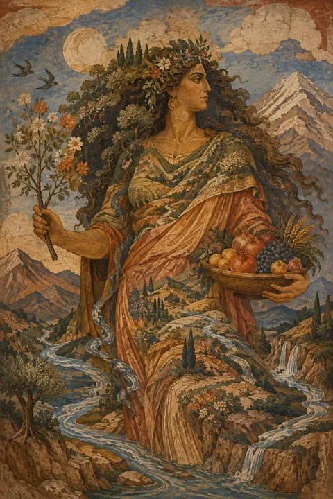 Ancient fresco interpretation of Gaia with fruit, mountains and a living forest.