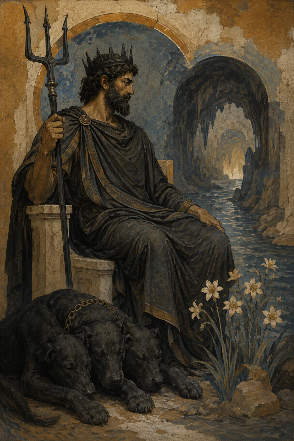 Ancient fresco interpretation of Hades with a bident, an underground river and three-headed Cerberus.