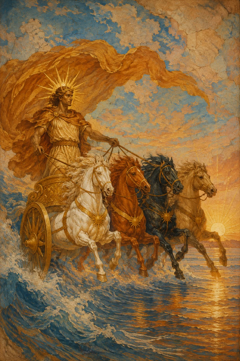 Ancient fresco interpretation of Helios with a radiant crown and a four-horse sun chariot.