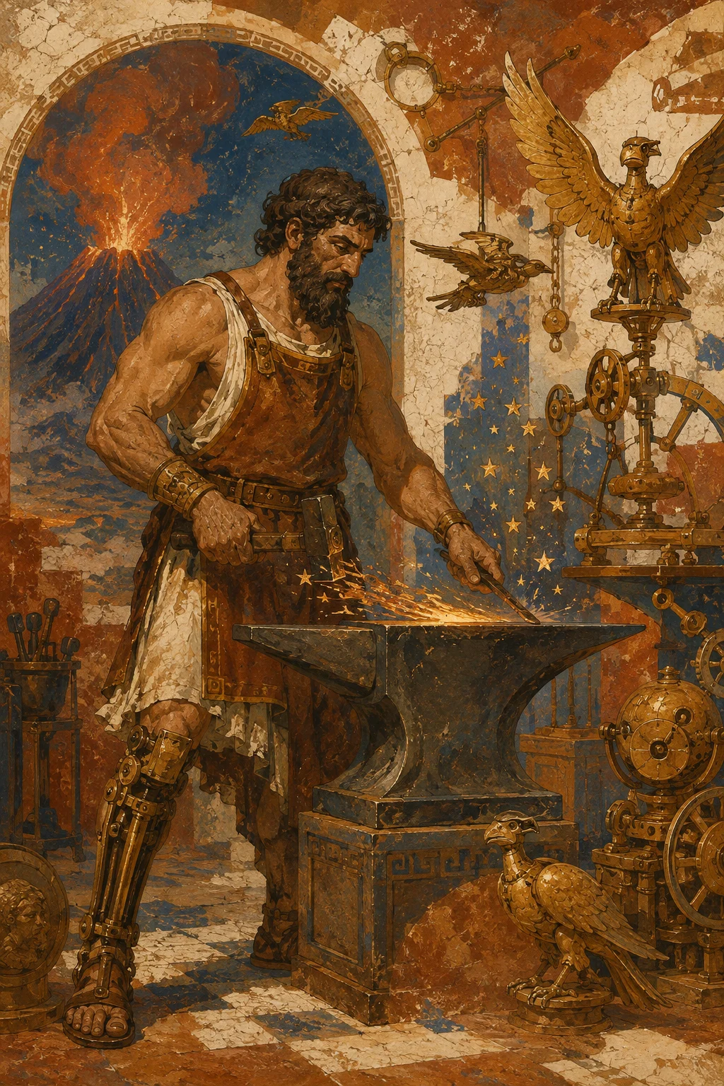 Ancient fresco interpretation of Hephaestus with an anvil, a hammer and intricate bronze inventions.
