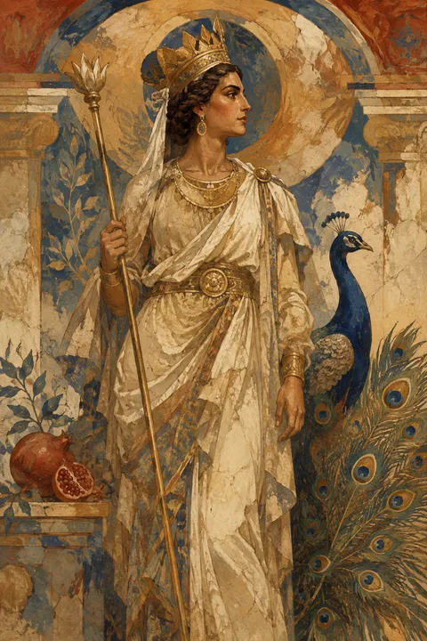 Ancient fresco interpretation of Hera with a peacock, a crown and a royal scepter.