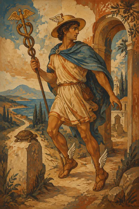 Ancient fresco interpretation of Hermes with winged sandals, a herald’s staff and a tortoise.