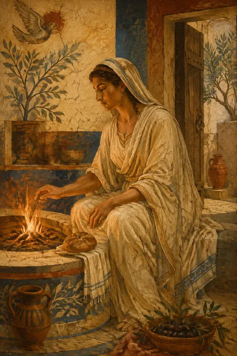 Ancient fresco interpretation of Hestia with a steady hearth flame, bread and terracotta vessels.